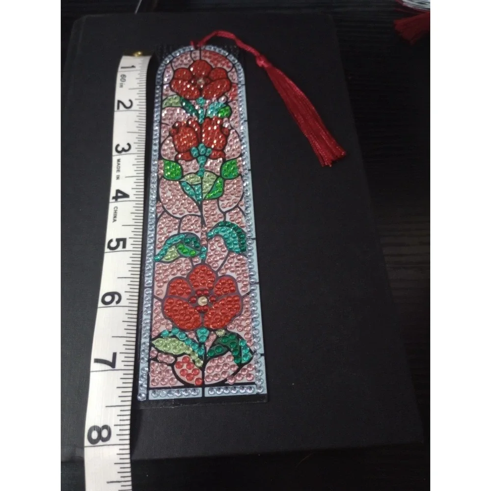 Handmade Diamond Painting Floral Bookmark Red Tassel Faux Stained Glass 7.5